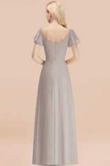 Elegant V Neck Short Sleeves Chiffon A-line Long Silver Bridesmaid Dress
