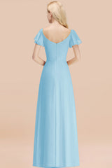 Elegant V Neck Short Sleeves Chiffon A-line Long Sky Blue Bridesmaid Dress