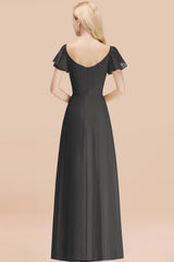 Elegant V Neck Short Sleeves Chiffon A-line Long Steel Grey Bridesmaid Dress