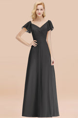 Elegant V Neck Short Sleeves Chiffon A-line Long Steel Grey Bridesmaid Dress