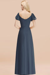 Elegant V Neck Short Sleeves Chiffon A-line Long Stormy Bridesmaid Dress