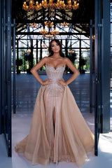 Long Mermaid Strapless Detachable Train Evening Formal Dresses with Front Slit