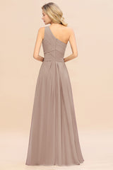 Elegant Taupe A-line Chiffon Ruffles One Shoulder Long Bridesmaid Dress