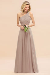 Elegant Taupe A-line Chiffon Ruffles One Shoulder Long Bridesmaid Dress