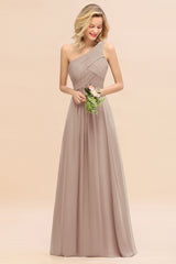 Elegant Taupe A-line Chiffon Ruffles One Shoulder Long Bridesmaid Dress