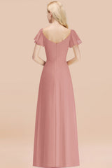 Elegant V Neck Short Sleeves Chiffon A-line Long Vintagemauve Bridesmaid Dress