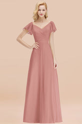 Elegant V Neck Short Sleeves Chiffon A-line Long Vintagemauve Bridesmaid Dress