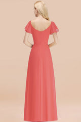 Elegant V Neck Short Sleeves Chiffon A-line Long Watermelon Bridesmaid Dress