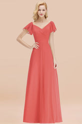 Elegant V Neck Short Sleeves Chiffon A-line Long Watermelon Bridesmaid Dress
