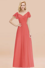 Elegant V Neck Short Sleeves Chiffon A-line Long Watermelon Bridesmaid Dress