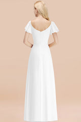 Elegant V Neck Short Sleeves Chiffon A-line Long White Bridesmaid Dress