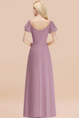 Elegant V Neck Short Sleeves Chiffon A-line Long Wisteria Bridesmaid Dress