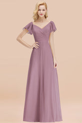 Elegant V Neck Short Sleeves Chiffon A-line Long Wisteria Bridesmaid Dress