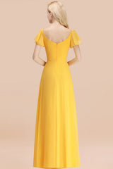 Elegant V Neck Short Sleeves Chiffon A-line Long Yellow Bridesmaid Dress