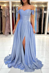 Long A-line Off The Shoulder Glitter Prom Dress with Slit