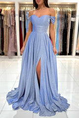 Long A-line Off The Shoulder Glitter Prom Dress with Slit