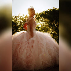 Long V-neck Tulle Beads Ball Gown Quinceanera Dress