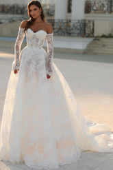 Long A-line Off the Shoulder Tulle Lace Wedding Dresses with Sleeves