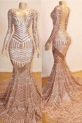 Mermaid Long Sleeves V-neck Sequined Sweep Train Prom Dresses