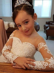 Long Sleeves Ball Gown Lace Tulle Court Train Wedding Flower Girl Dresses With Bow