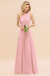 Elegant Candy Pink A-line Chiffon Ruffles One Shoulder Long Bridesmaid Dress