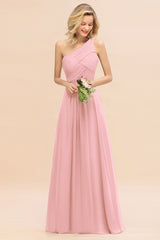 Elegant Candy Pink A-line Chiffon Ruffles One Shoulder Long Bridesmaid Dress