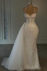 Glitter Halter Sweetheart Mermaid Long Lace Wedding Dresses with Beads