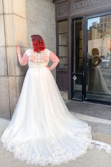 Plus Size Long Wide Straps Sweetheart A-Line Wedding Dress With Appliques Lace