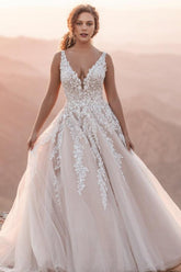 Long Open Back Tulle Appliques Lace A-Line Wedding Dress with Ruffles
