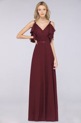 A-Line Chiffon V-Neck Straps Sleeveless Ruffles Floor Length Bridesmaid Dress with Pearls