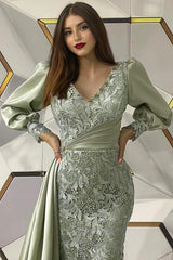 Long Sleeves Mermaid V-neck Lace Satin Formal Evening Dress with Half Train