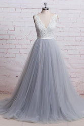 Elegant Long V-neck Lace Tulle A-line Wedding Dress