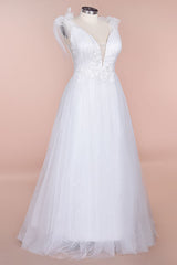 Plus Size Long V-neck Appliques Tulle A-line White Wedding Dress