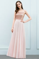 A-line Chiffon Sequined Spaghetti Straps Sleeveless Floor Length Bridesmaid Dress