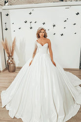 Modest Sweetheart Long Sleeve Floor Length Satin Ruffles Ball Gown Wedding Dress