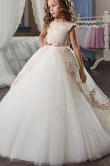 Long Tulle Scoop Neck Lace Ball Gown Flower Girl Dress