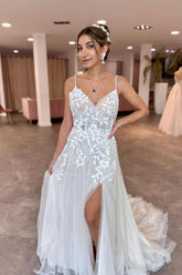 A-Line V-Neck Spaghetti Straps Tulle Long Front Split Wedding Dress with Applique