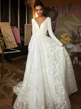 Simple Long A-line V-neck Satin Tulle Lace Wedding Dresses with Sleeves