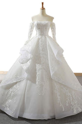 Luxury Lace-up Off The Shoulder Long Sleeves Tulle Wedding Dress