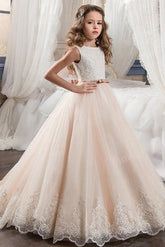 Long Tulle Scoop Neck Sleeveless Ball Gown Flower Girl Dress