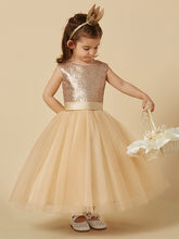 Ball Gown Ankle Length Tulle Sequined Sleeveless Jewel Neck Flower Girl Dresses