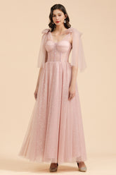 BM2007 A-line Pink Off The Shoulder Bow Tulle Floor Length Bridesmaid Dress