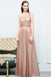 A-line Sequined One Shoulder Sleeveless Floor Length Bridesmaid Dresses