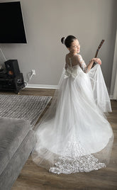 Cute Long Boho Lace Flower Girl Dresses with Sleeves