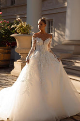 Modest Long A-line Sweetheart Tulle Lace Backless Wedding Dresses with Sleeves