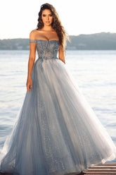 Long A-line Off the Shoulder Tulle Floor Length Glitter Prom Dress