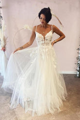 Long A-line Deep V-neck Tulle Spaghetti Straps Lace Backless Wedding Dress