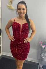 Burgundy Mermaid Sequins Short Homecoming Dress with Straps