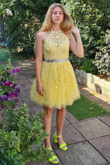 A-line Halter Appliqued Lace Tulle Yellow Homecoming Dress