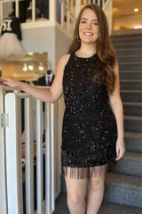 Short Mermaid Red Halter Sequin Homecoming Dress with Tassel